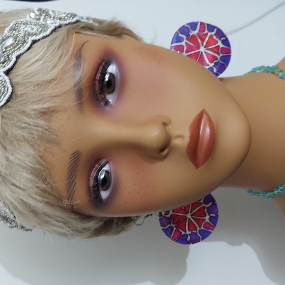 Hand painted Pink Purple sea shell pierced Dangle Earrings - Picture 9 of 14